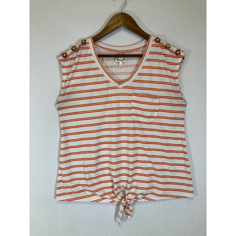 Nautical Coastal Tru Self Women Medium Orange White Striped Tie Front Button Top
